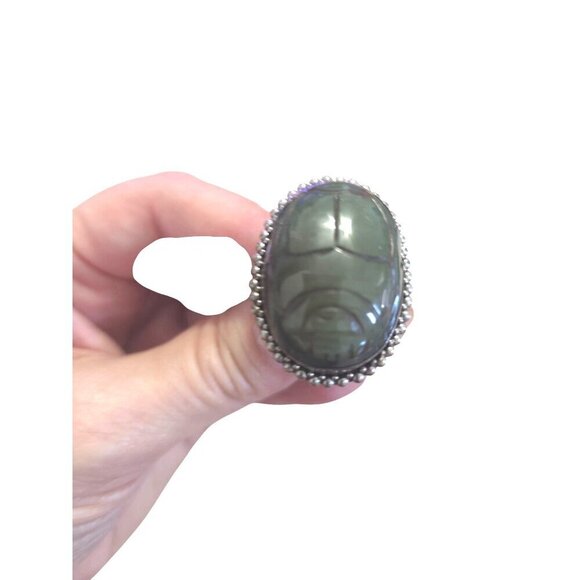 Vintage Green Scarab Ring Sterling Silver Beaded Size 6 Intricate Statement - Picture 3 of 13
